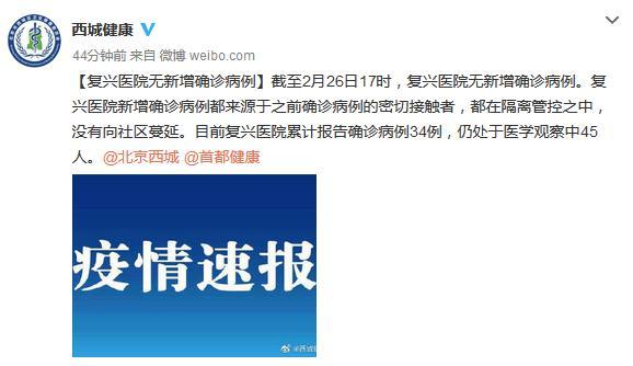 北京复兴医院无新增确诊病例 累计确诊34例